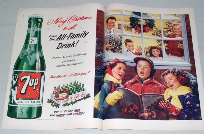 1951 7UP Soda 2 Page Color Christmas Carols Print Ad