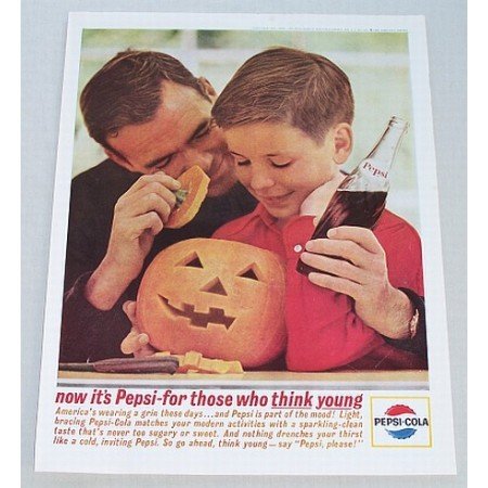 1963 Pepsi Cola Soft Drink Halloween Carving Pumpkin Color Soda Print Ad - America Wearing A Grin