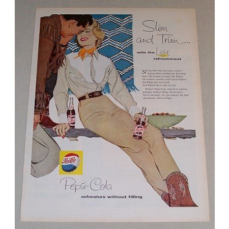 1958 Pepsi Cola Western Art Soda Soft Drink Color Print Ad - Slim and Trim