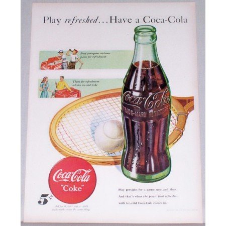 1948 Coca Cola Coke Hobbleskirt Bottle Tennis Art Color Print Ad - Play Refreshed