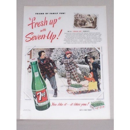 1950 7UP Soda Winter Scene Color Print Ad - Friend Of Family Fun