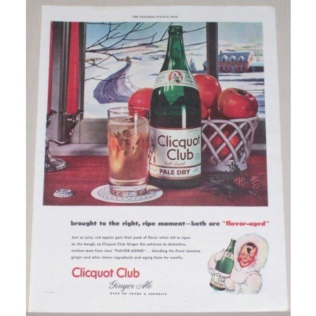 1945 Clicquot Club Ginger Ale Winter Scene Art Color Print Ad - Flavor-Aged