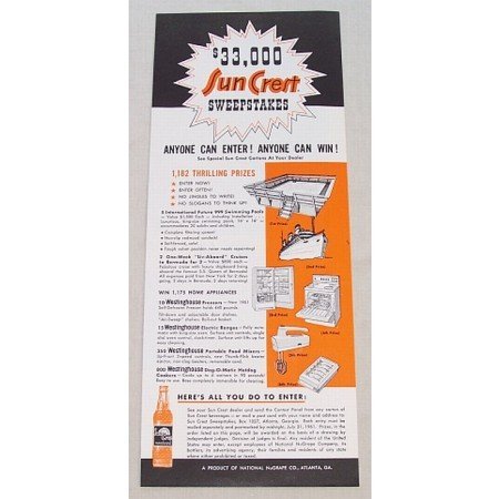 1961 Sun Crest Beverages Sun Crest Sweepstake Color Soda Print Ad