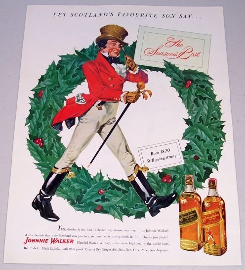 1949 Johnnie Walker Blended Scotch Whisky Whiskey Color Christmas Print Ad