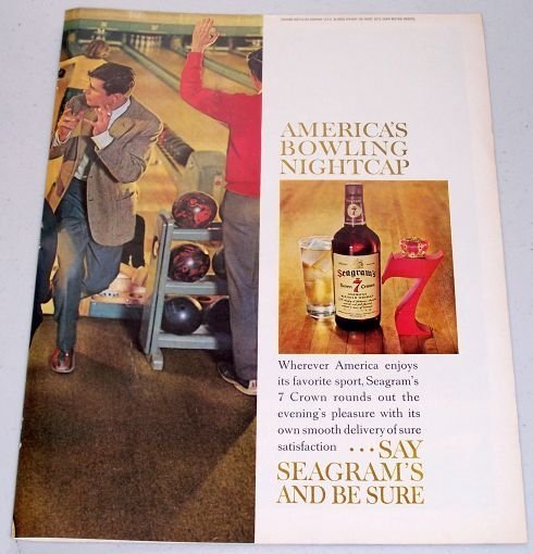 1961 Seagram's Crown Blended Whiskey Bowling Art 2 Page Color Print Ad