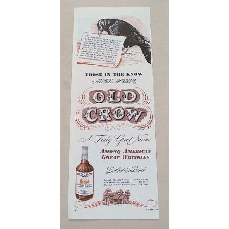 1944 Old Crow Bourbon Whiskey Color Print Ad