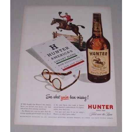 1949 Hunter Whiskey Equestrian Horse Animal Art Eye Chart Color Print Ad