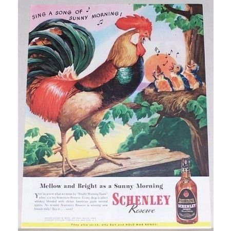 1945 Schenley Whiskey Rooster Animal Art Color Ad - Sing A Song