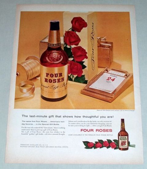 1954 Four Roses Whiskey Gift Bottle Color Print Ad