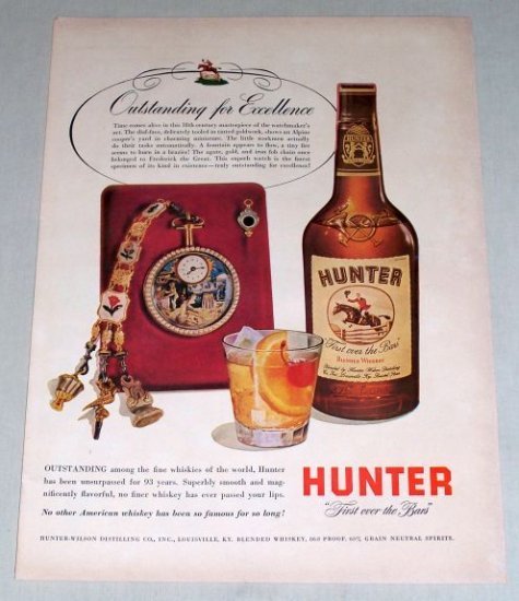 1953 Hunter Blended Whiskey Masterpiece Watch Color Print Ad