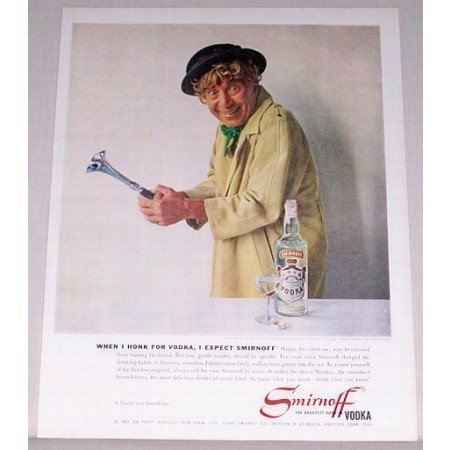 1961 Smirnoff Vodka Color Ad Celebrity Comic Harpo Marx