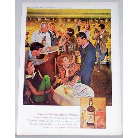1961 Seagram's 7 Blended Whiskey Color Bowling Lanes Art Ad - Bowling Nightcap