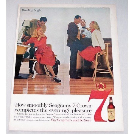 1960 Seagram's 7 Crown Whiskey Color Print Ad - Bowling Night