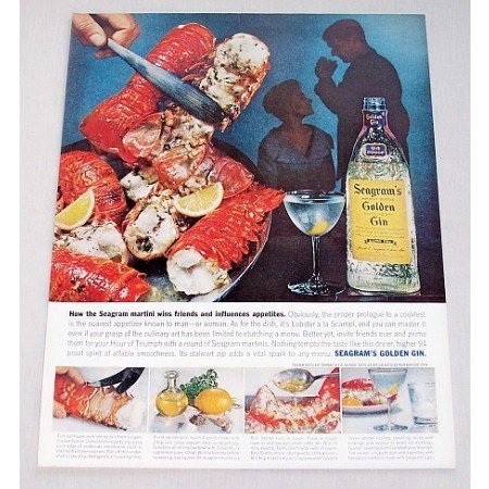 1960 Seagram's Golden Gin Color Print Ad - Lobster A La Scampi