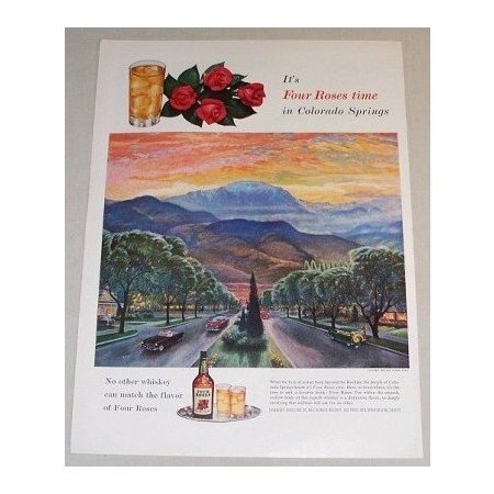 1955 Four Roses Whiskey Sunset Behind Pikes Peak Colorado Color Art Print Ad