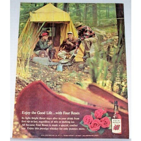 1961 Four Roses Whiskey Outdoor Camping Canoe Color Print Ad