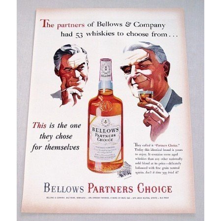 1953 Bellows Partners Choice Whiskey Color Art Print Ad