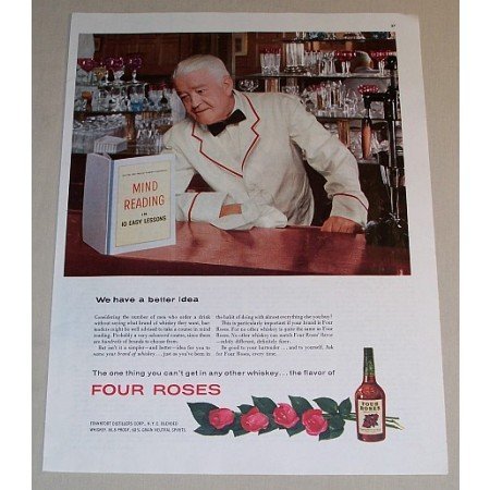 1954 Four Roses Whiskey Bartender Color Print Ad - Mind Reading