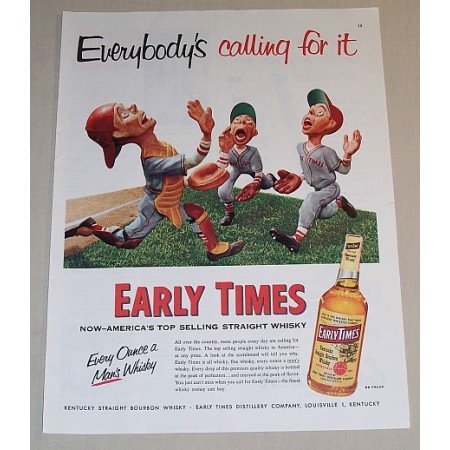 1954 Early Times Whiskey Baseball Art Color Print Ad - Everybody's Calling For It