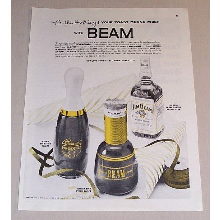 1954 Jim Beam Whiskey Shaker and Carafe Color Print Ad