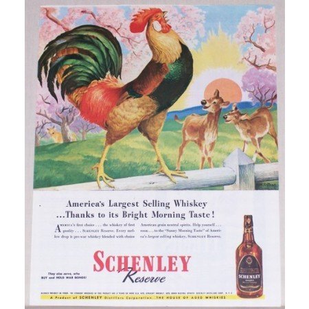 1945 Schenley Whiskey Rooster Deer Collins Art Color Print Ad