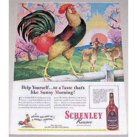 1944 Schenley Whiskey Rooster Art Color Print Ad - Help Yourself