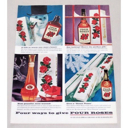 1956 Four Roses Whiskey Snowman Christmas Color Print Ad