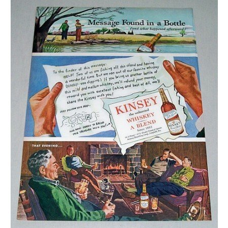 1946 Kinsey Whiskey Color Art Print Ad - Message In A Bottle