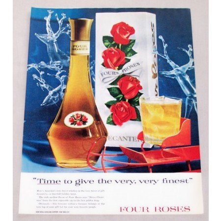 1956 Four Roses Whiskey Decanter Color Christmas Print Ad