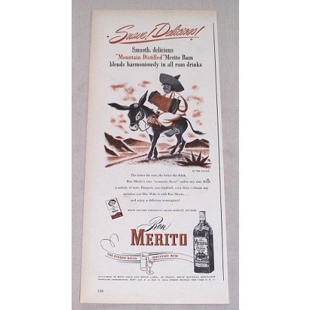 1946 Ron Merito Puerto Rican Rum Mule Animal Art Color Print Ad - Suave! Delicious!