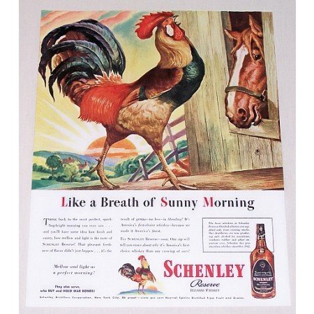 1944 Schenley Whiskey Rooster Animal Art Color Print Ad - Sunny Morning