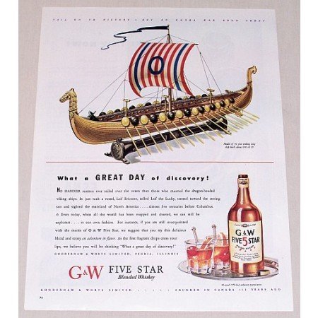1944 GW Five Star Whiskey Viking Ship Art Color Print Ad - What A Great Day