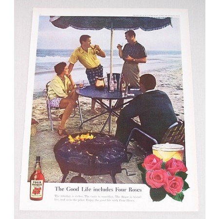1960 Four Roses Whiskey Beach Party Color Print Ad