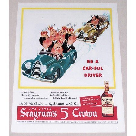 1944 Seagram's Five Crown Whiskey Color Art Print Ad - Car-Ful Driver