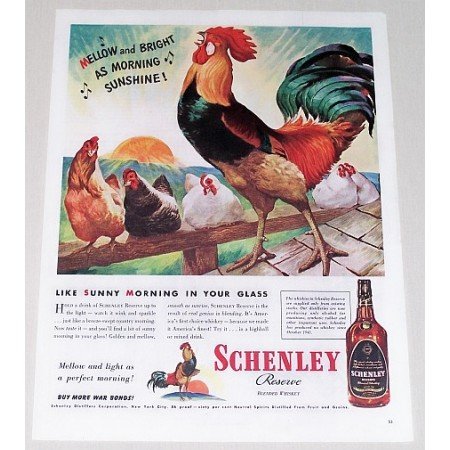 1944 Seagram's Five Crown Whiskey Rooster Chicken Animal Art Color Art Print Color Ad