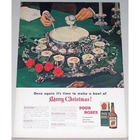 1948 Four Roses Blended Whiskey Silver Punchbowl Color Print Ad