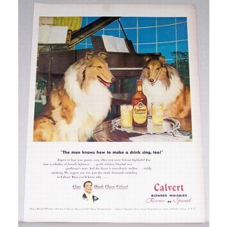 1947 Calvert Blended Whiskey Dog Animal Piano Color Print Ad - Make A Drink Sing