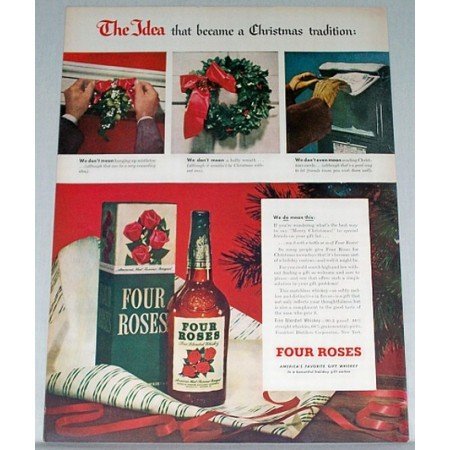 1948 Four Roses Whiskey Color Print Ad - Christmas Tradition