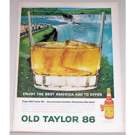 1964 Old Taylor 86 Whiskey Waterfall Scene Art Color Print Ad
