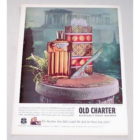 1960 Old Charter Bourbon Whiskey Sun Dial Athens Parthenon Color Print Ad