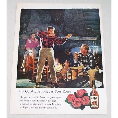1960 Four Roses Whiskey Hunting Lodge Color Print Ad