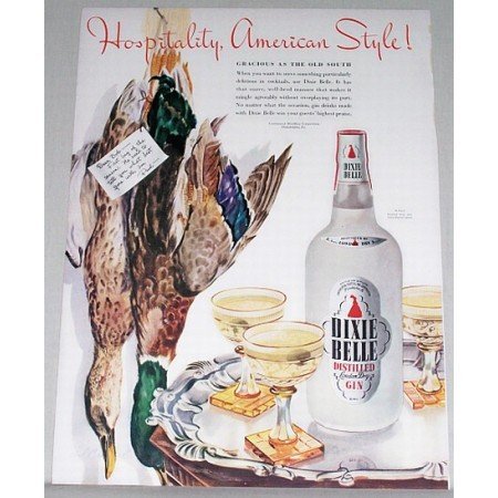 1942 Dixie Belle Distilled Gin Duck Animal Art Color Print Ad - American Style