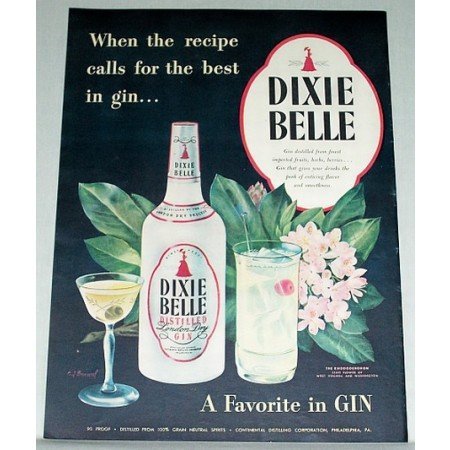 1948 Dixie Bell London Dry Gin Color Print Ad