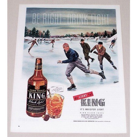 1945 King Black Label Whiskey Winter Ice Skating Art Color Print Ad