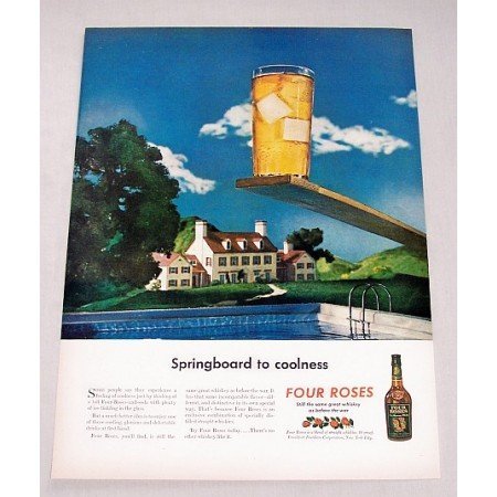 1947 Four Roses Whiskey Swimming Pool Art Color Print Ad - Springboard To Coolness