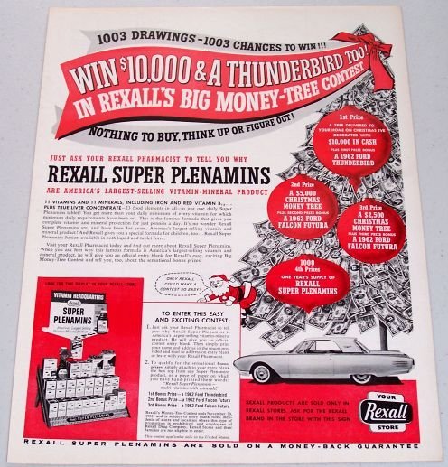 1961 Rexall Stores Ford Thunderbird Sweepstakes Color Print Ad