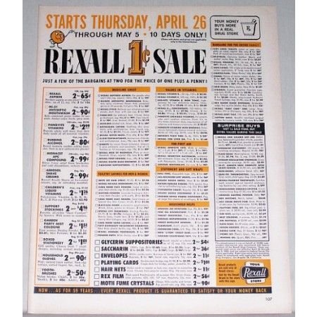 1962 Rexall Drugs 1 Cent Sale Color Print Ad