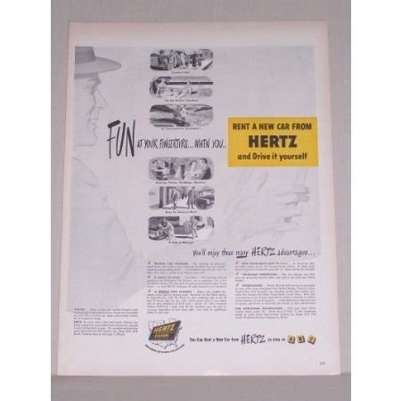 1950 Hertz Car Rental Color Print Ad