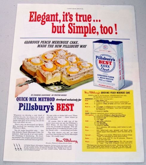 1950 Pillsbury's Best Flour Quick-Mix Peach Meringue Cake Recipe Color Print Ad