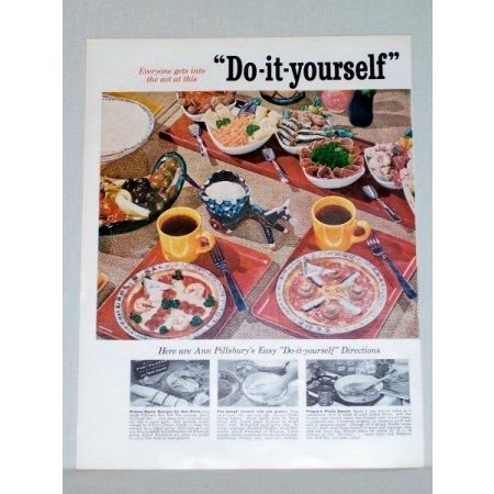 1957 Pillsbury Hot Roll Mix 2 Page Color Print Ad - Pizza Party